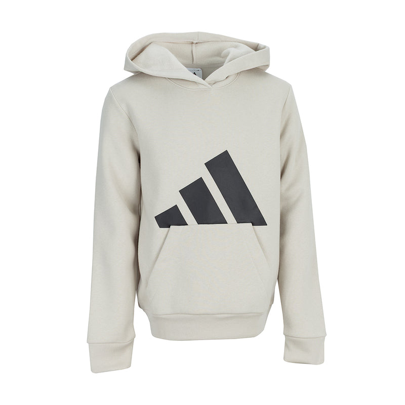Youth fleece pullover hoodie in light alumina with large black logo on chest