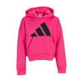 Youth pink fleece pullover hoodie with large black logo on chest and front pocket