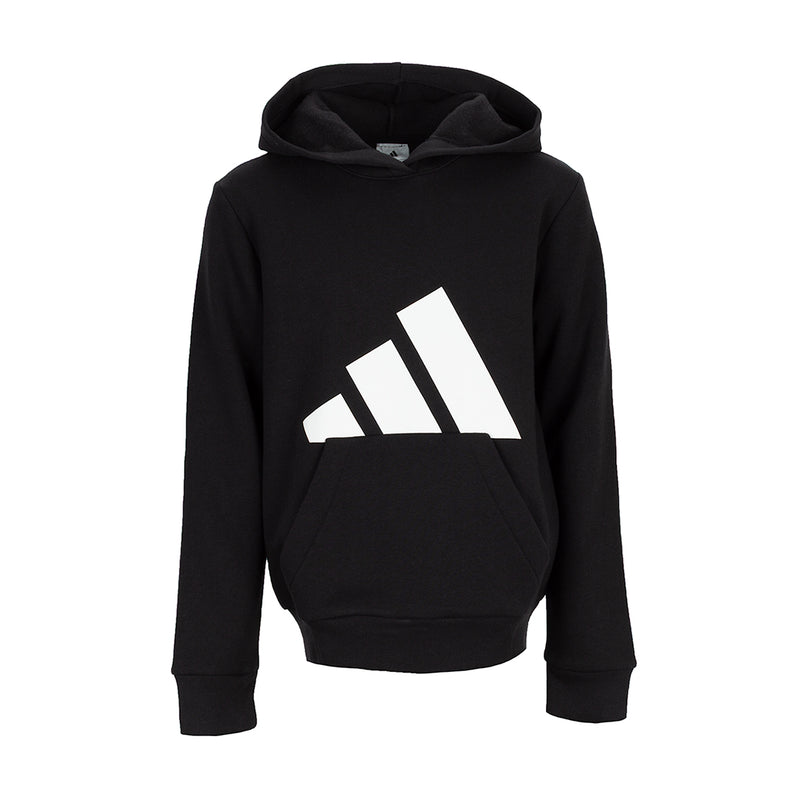 Youth black fleece pullover hoodie with large white logo and kangaroo pocket