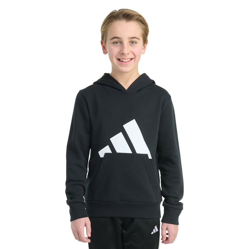 Black youth hoodie with white logo front and kangaroo pocket, long sleeves