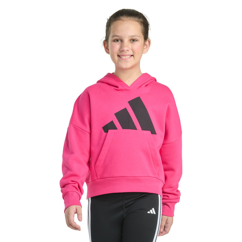 Youth shock pink hoodie with hood, kangaroo pocket, and bold black logo on front