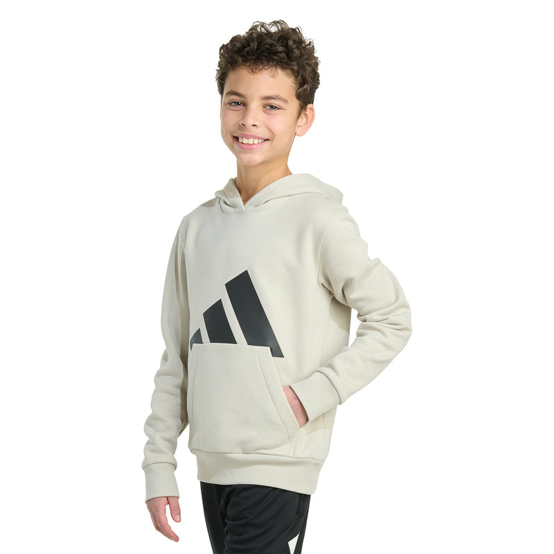 Youth pullover hoodie with hood and front pocket; large black logo on chest