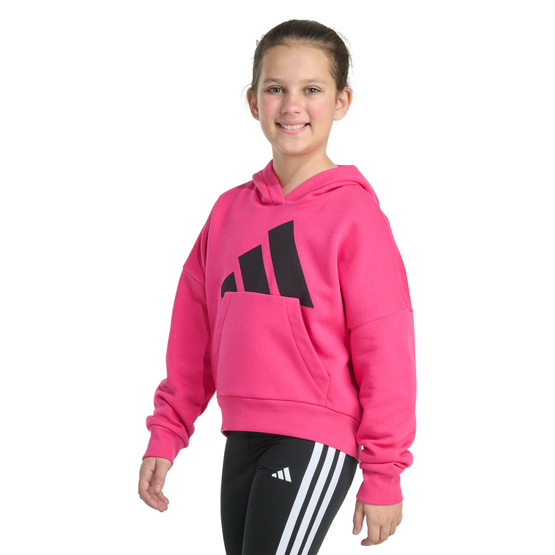 Youth pink pullover hoodie with hood and black logo graphic; front pocket visible