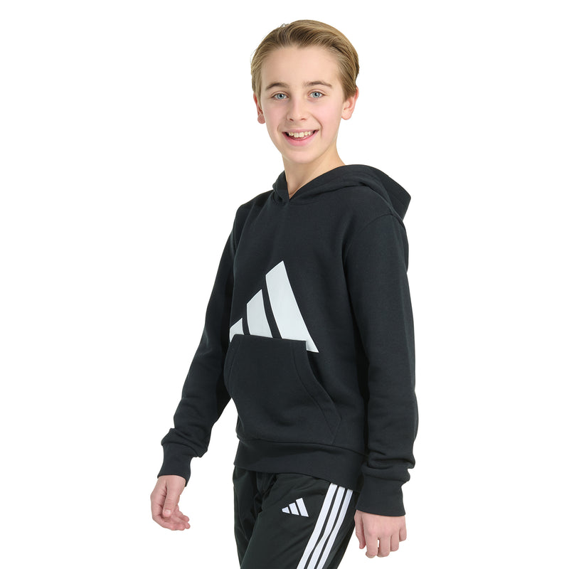 Black youth pullover hoodie with white logo and hood, side view
