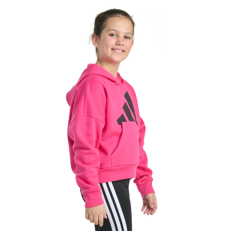Youth pink hoodie side view with large black logo and kangaroo pocket; ribbed cuffs