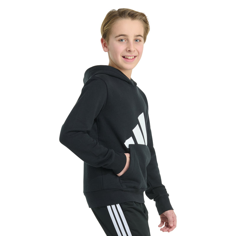 Black youth hoodie front 3/4 view with large white logo and ribbed cuffs