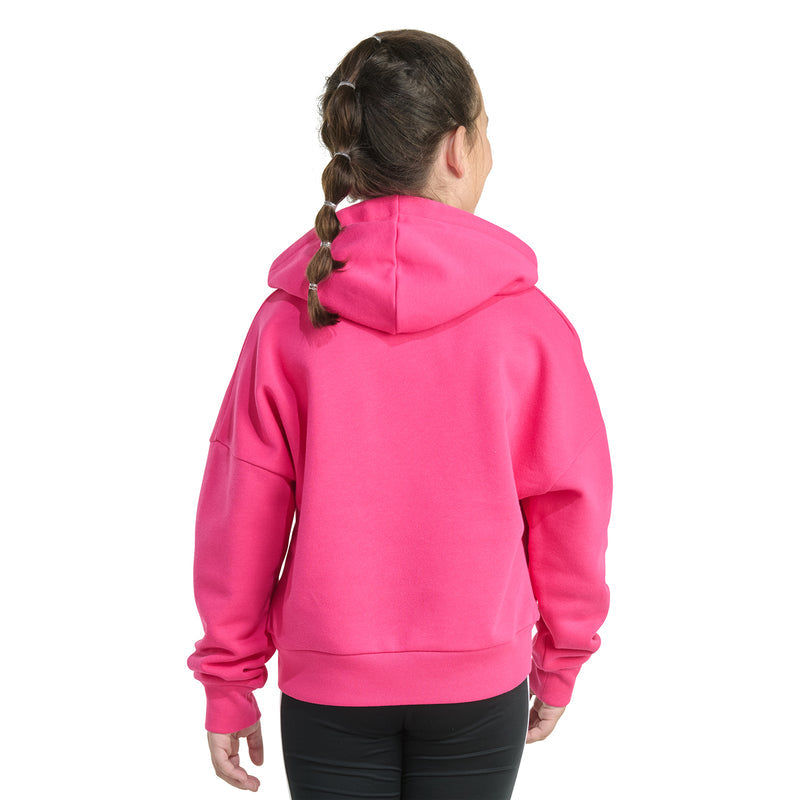 Youth shock pink hoodie back view with hood and ribbed hem; no front logo shown