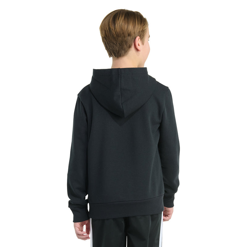 Black youth pullover hoodie back view with attached hood and ribbed hem