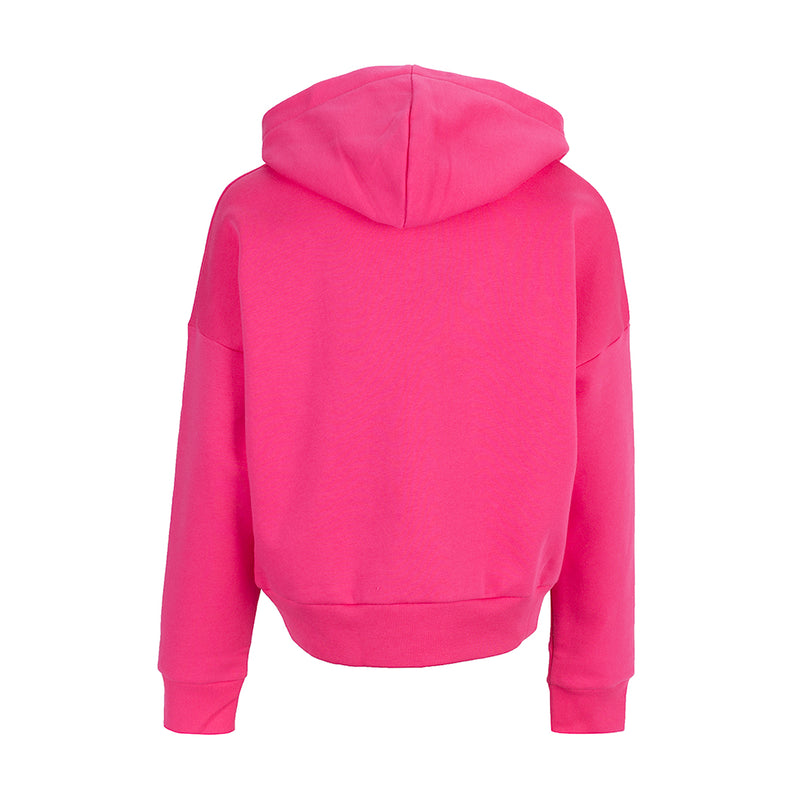 Youth pink fleece pullover hoodie back view with hood and ribbed cuffs and hem