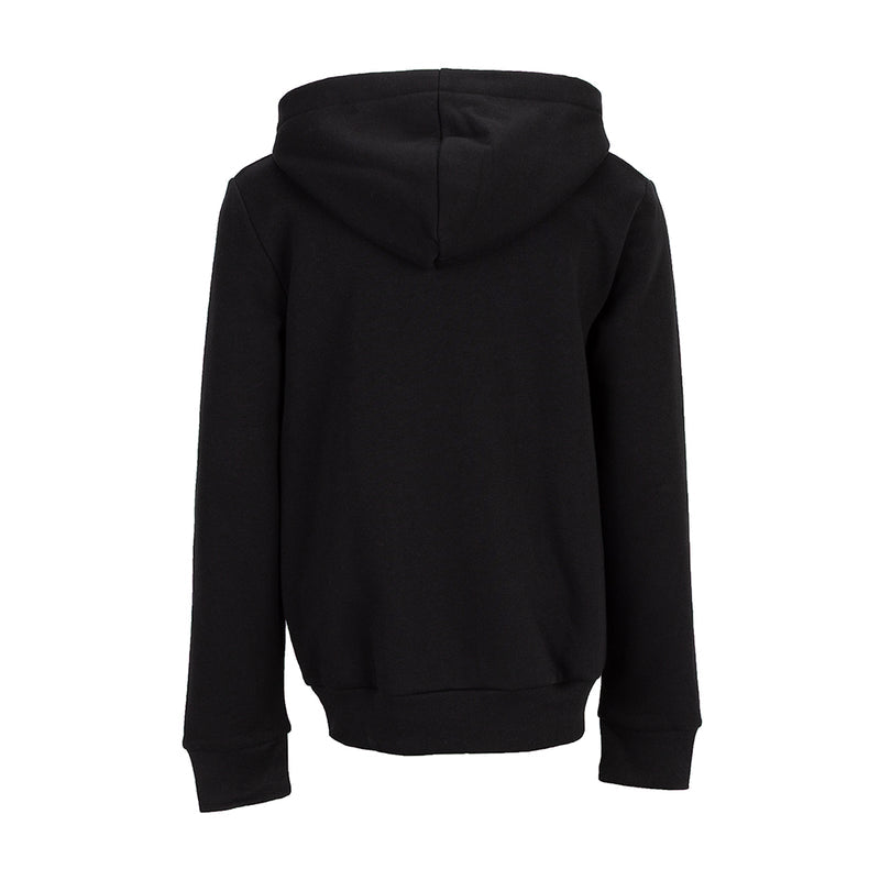 Black youth fleece pullover hoodie back view, full hood and long sleeves