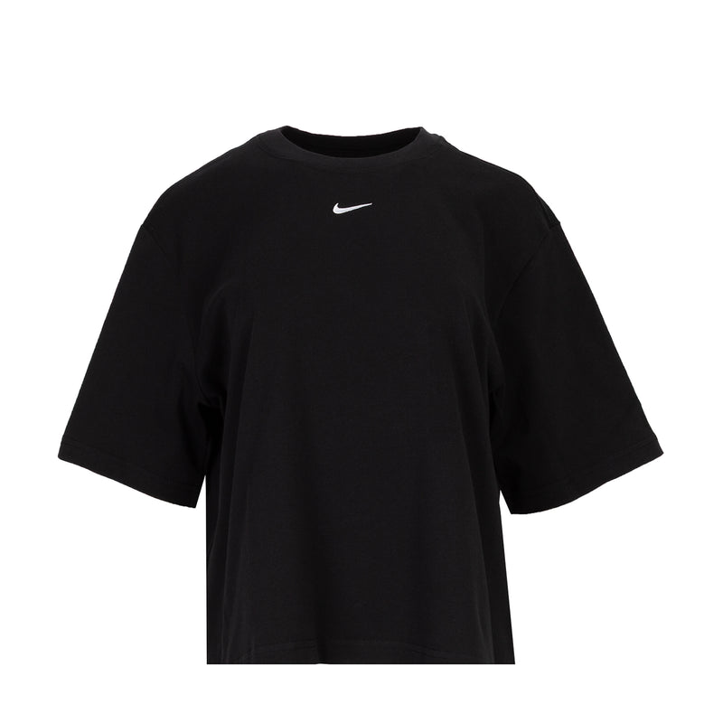 Women's black boxy T-shirt with Nike swoosh at center chest
