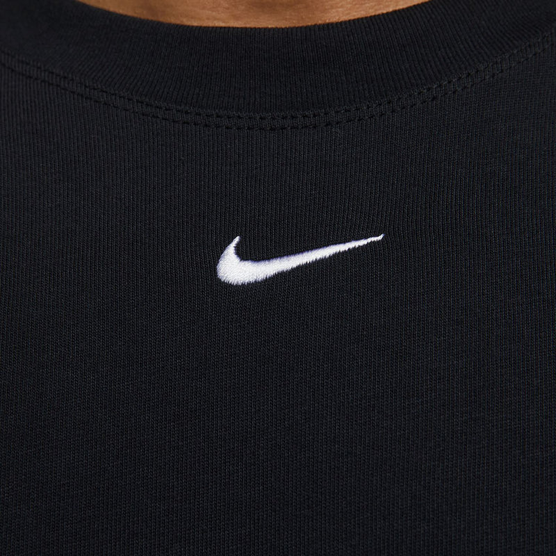 Black T-shirt neckline and center chest with white Nike swoosh logo