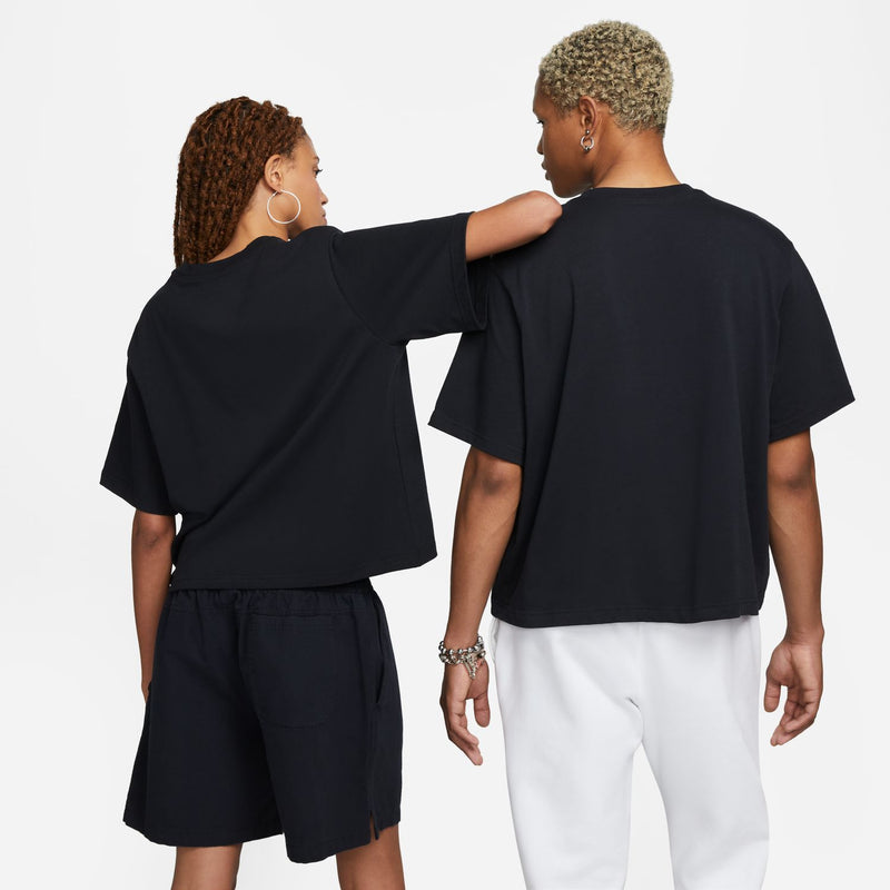 Women's black boxy T-shirt back view, rounded neckline and short sleeves