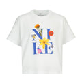 Youth boxy T-shirt in white with colorful flower “N A E” graphic on chest