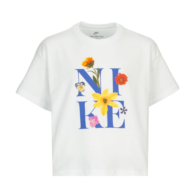 Youth boxy T-shirt in white with colorful flower “N A E” graphic on chest