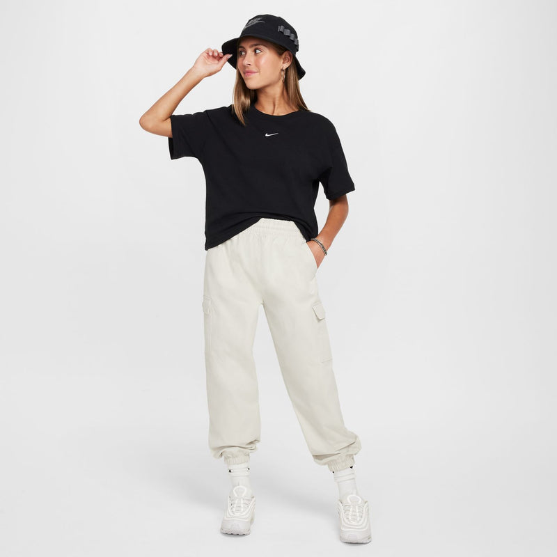 Youth black boxy T-shirt with Nike swoosh on chest, short sleeves