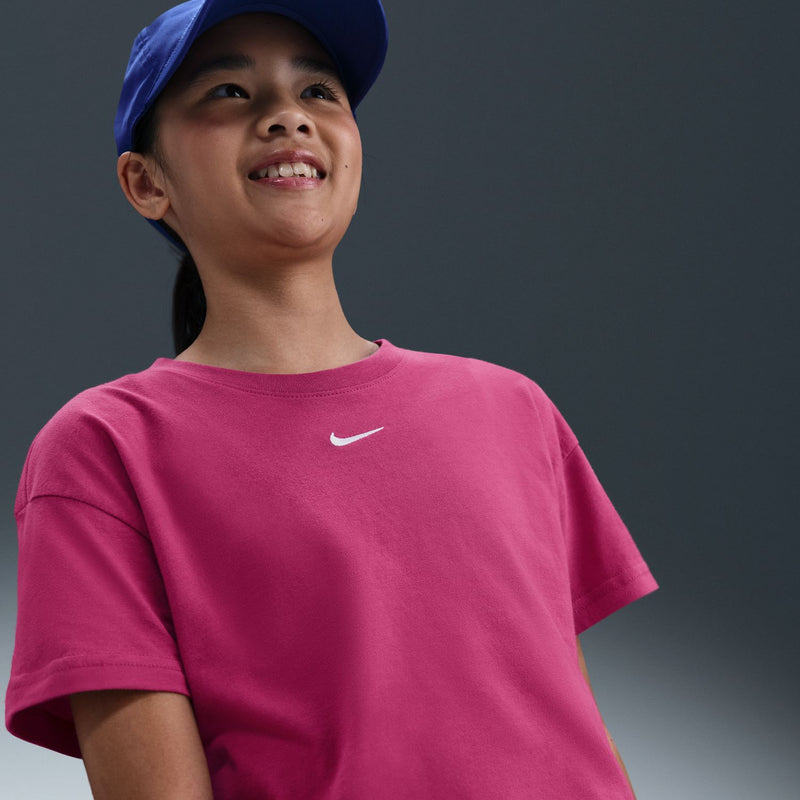 Youth boxy tee in sweet beet pink with Nike swoosh at center chest
