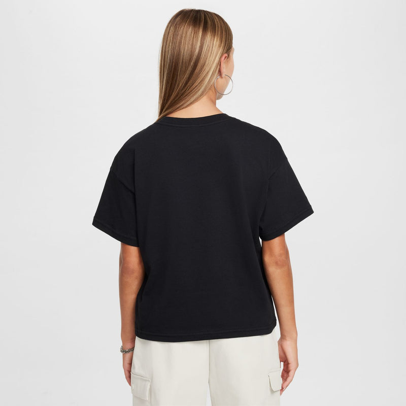 Youth black boxy T-shirt back view, short sleeves and crew neck