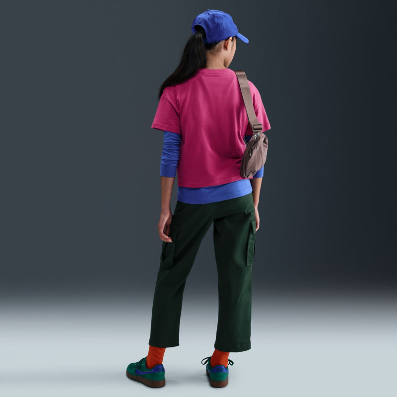 Youth boxy tee in sweet beet pink, short sleeves and crew neck (back view)
