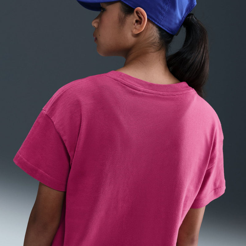 Youth boxy tee in sweet beet pink, short sleeves and crew neck (back view)