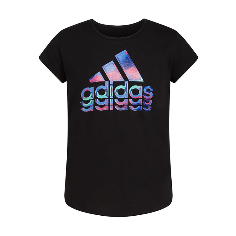 Youth black t-shirt with multicolor adidas logo graphic on the chest