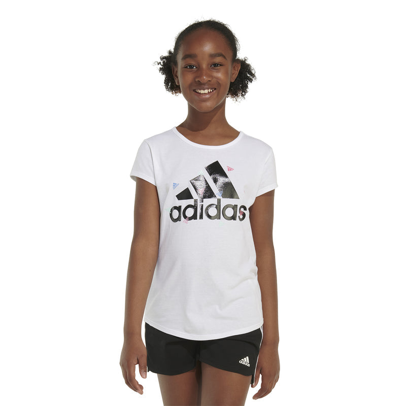 White youth crew-neck T-shirt with adidas logo print on front.