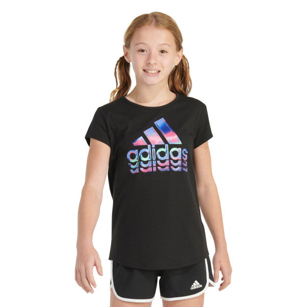 Youth black t-shirt with multicolor adidas logo graphic, worn with black shorts