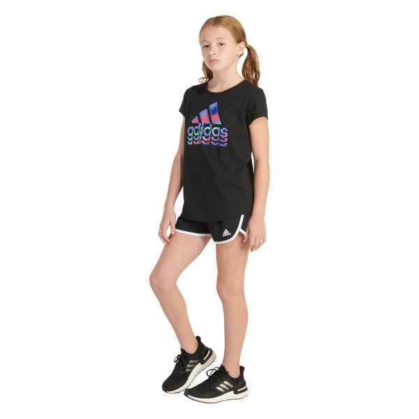 Youth black t-shirt with multicolor adidas logo graphic, side view with black shorts