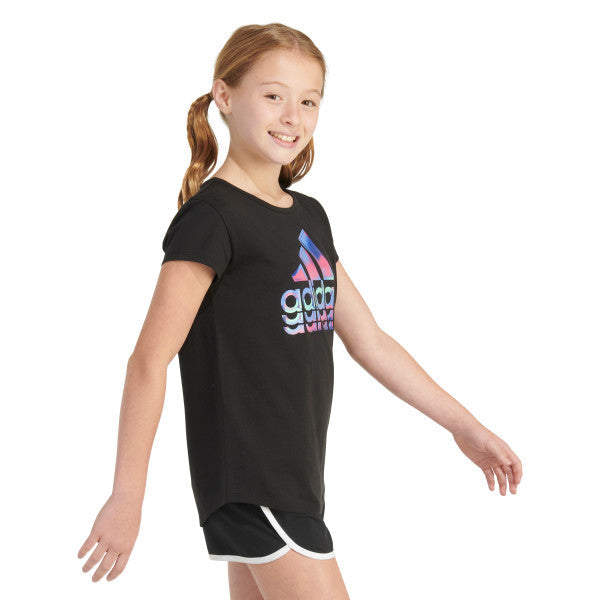 Youth black t-shirt with multicolor adidas logo graphic, angled front view