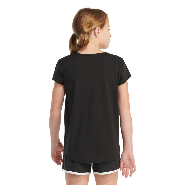 Youth black t-shirt, plain back view with crew neck