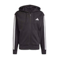 Men's black fleece full-zip hoodie with hood, kangaroo pocket, and 3-stripe sleeves