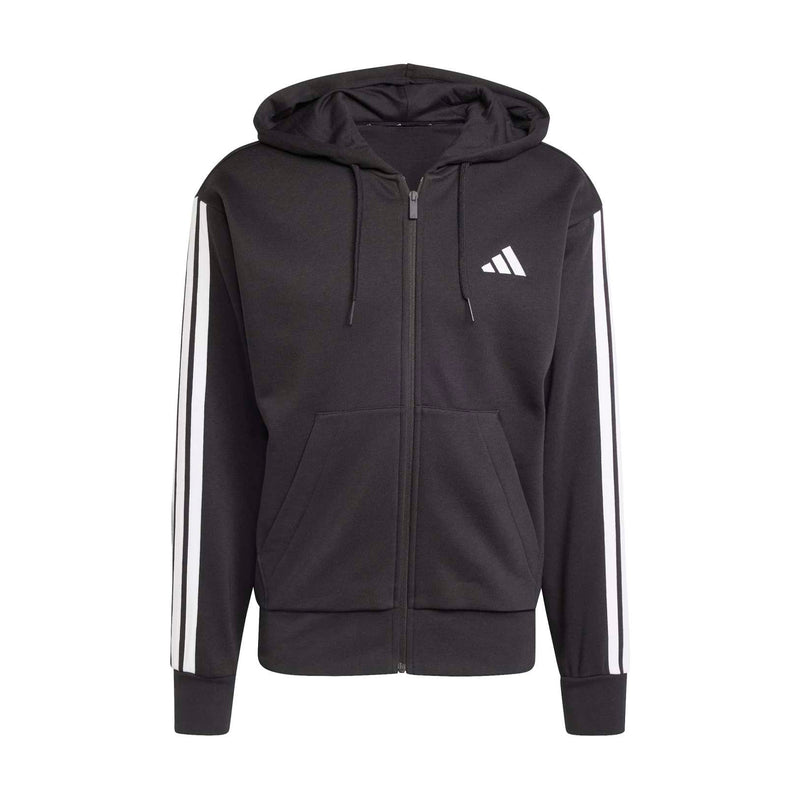 Men's black fleece full-zip hoodie with hood, kangaroo pocket, and 3-stripe sleeves