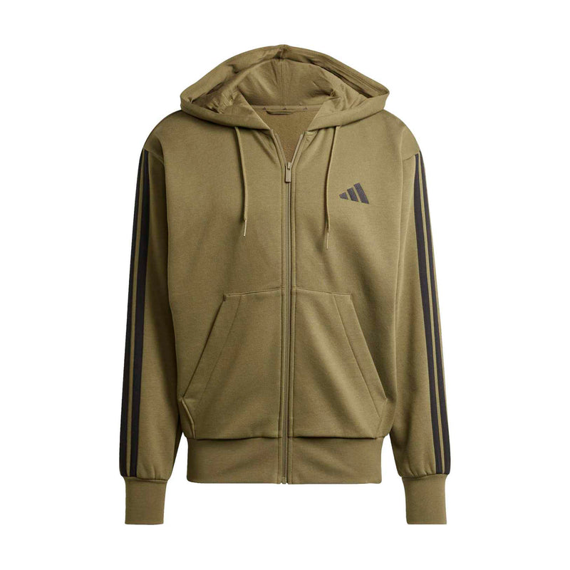 Men's olive zip-up fleece hoodie with drawstring hood and front pockets