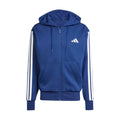 Men's dark blue zip-up fleece hoodie with hood, drawstrings, and 3 white stripes