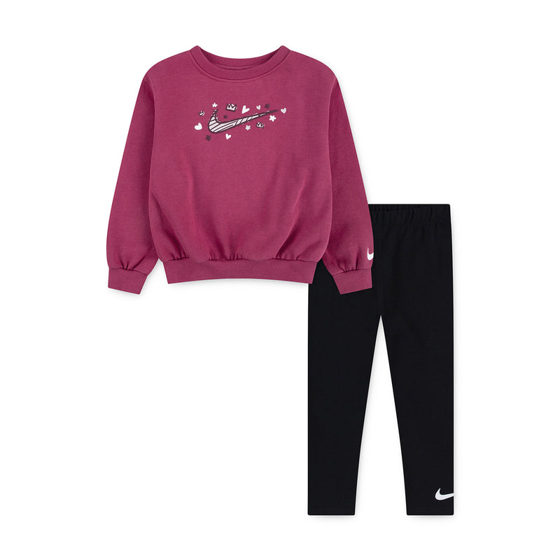 Kids maroon crewneck sweatshirt with small white/black graphic and black leggings
