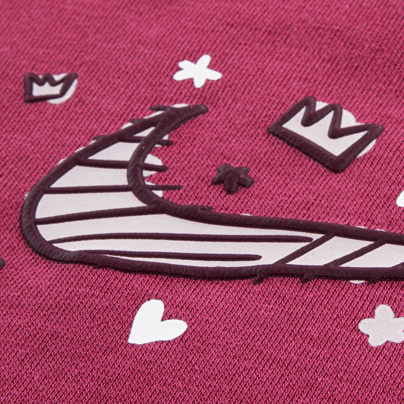Maroon sweatshirt knit fabric with white and dark graphic details