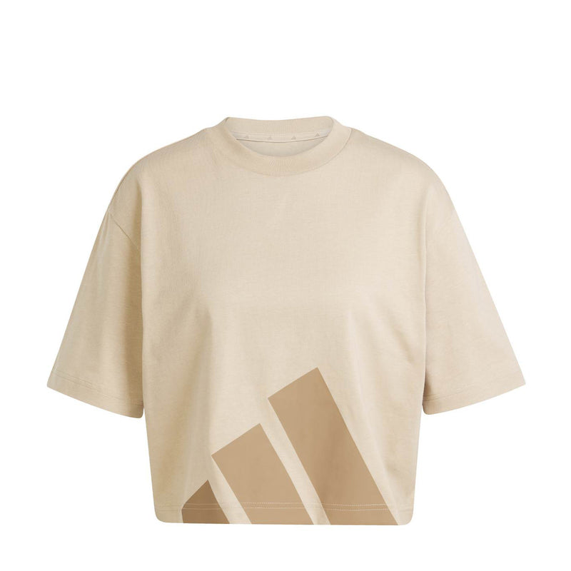 Warm sandstone womens crew-neck tee with large front logo graphic