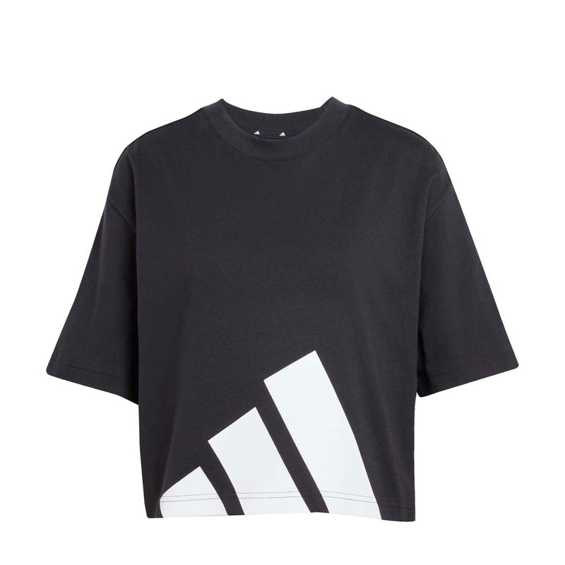 Women's black crew-neck T-shirt with large white graphic logo on front