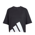 Women's black crew-neck T-shirt with large white graphic logo on front