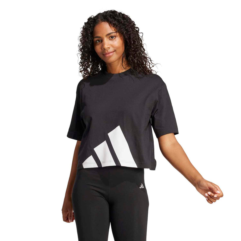 Women's black crew-neck T-shirt with large white logo graphic, short sleeves