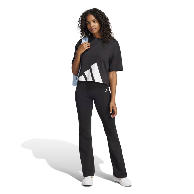 Women's black cropped-style T-shirt with front white logo graphic and crew neck
