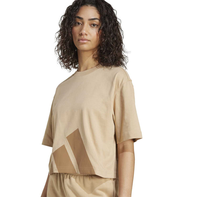 Warm sandstone womens crew-neck tee with large abstract logo print