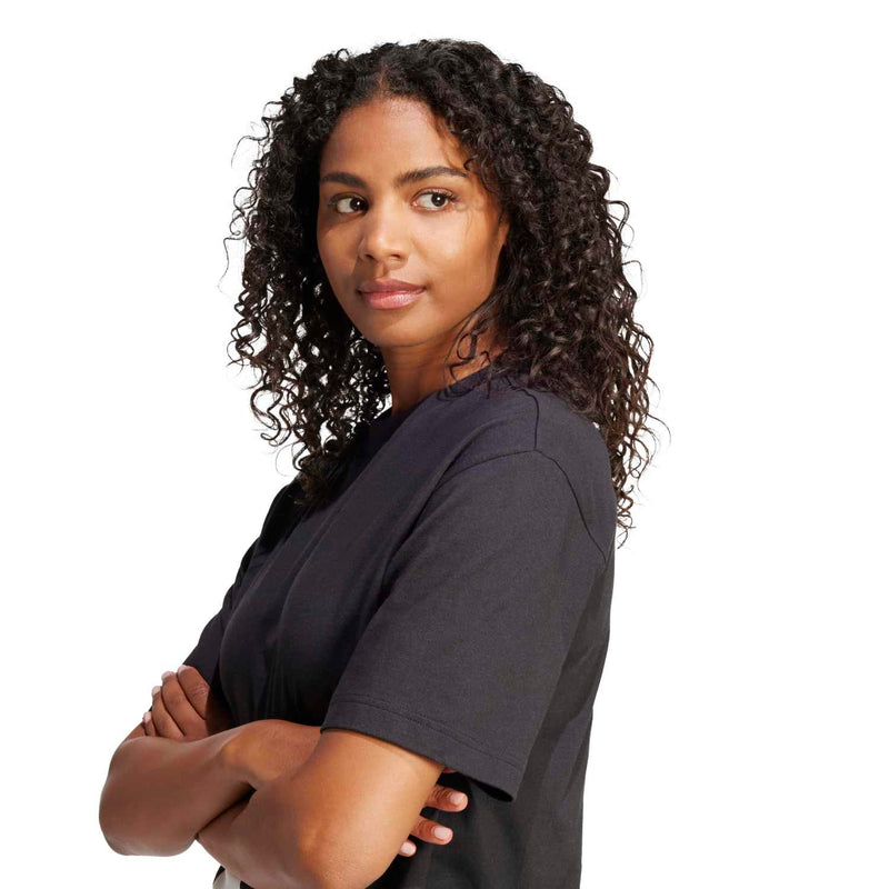 Women's black crew-neck T-shirt, short sleeves, with front white graphic logo