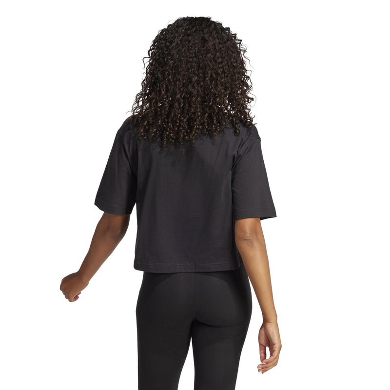 Women's black T-shirt back view with short sleeves and plain back