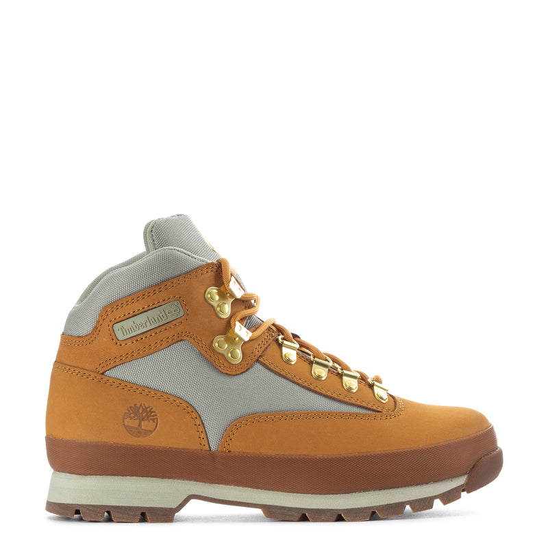 Men's Timberland hiker boot, tan nubuck with gray collar and tan laces