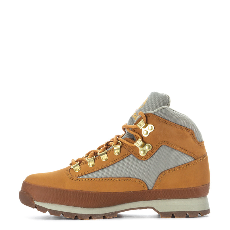 Men's Timberland hiker boot, tan and gray uppers with lace-up metal eyelets