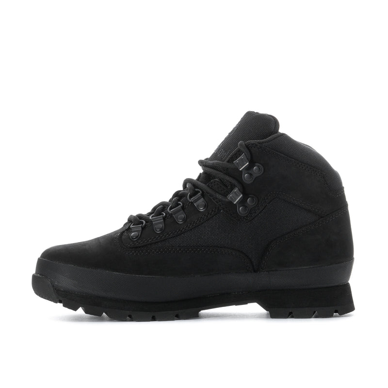 Men's black nubuck hiker boots, side view, lace-up with rugged tread