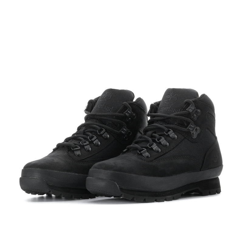 Pair of men's black nubuck lace-up hiker boots with padded collars and chunky tread