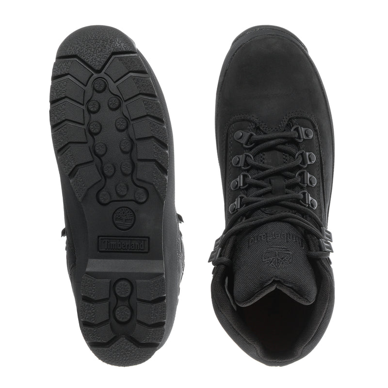 Men's black hiker boot outsoles and inside view, with lace-up collar padding