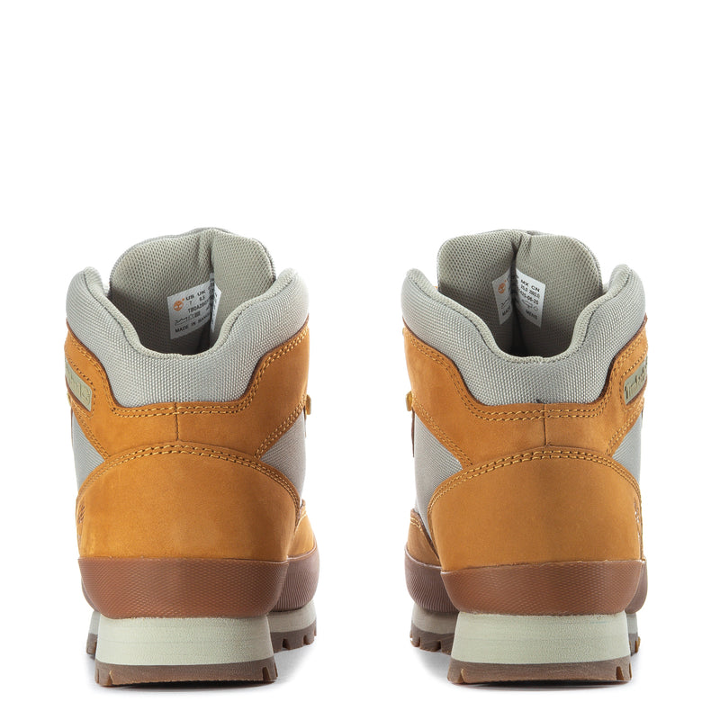 Men's Timberland hiker boot heel view, tan nubuck with gray padded collar